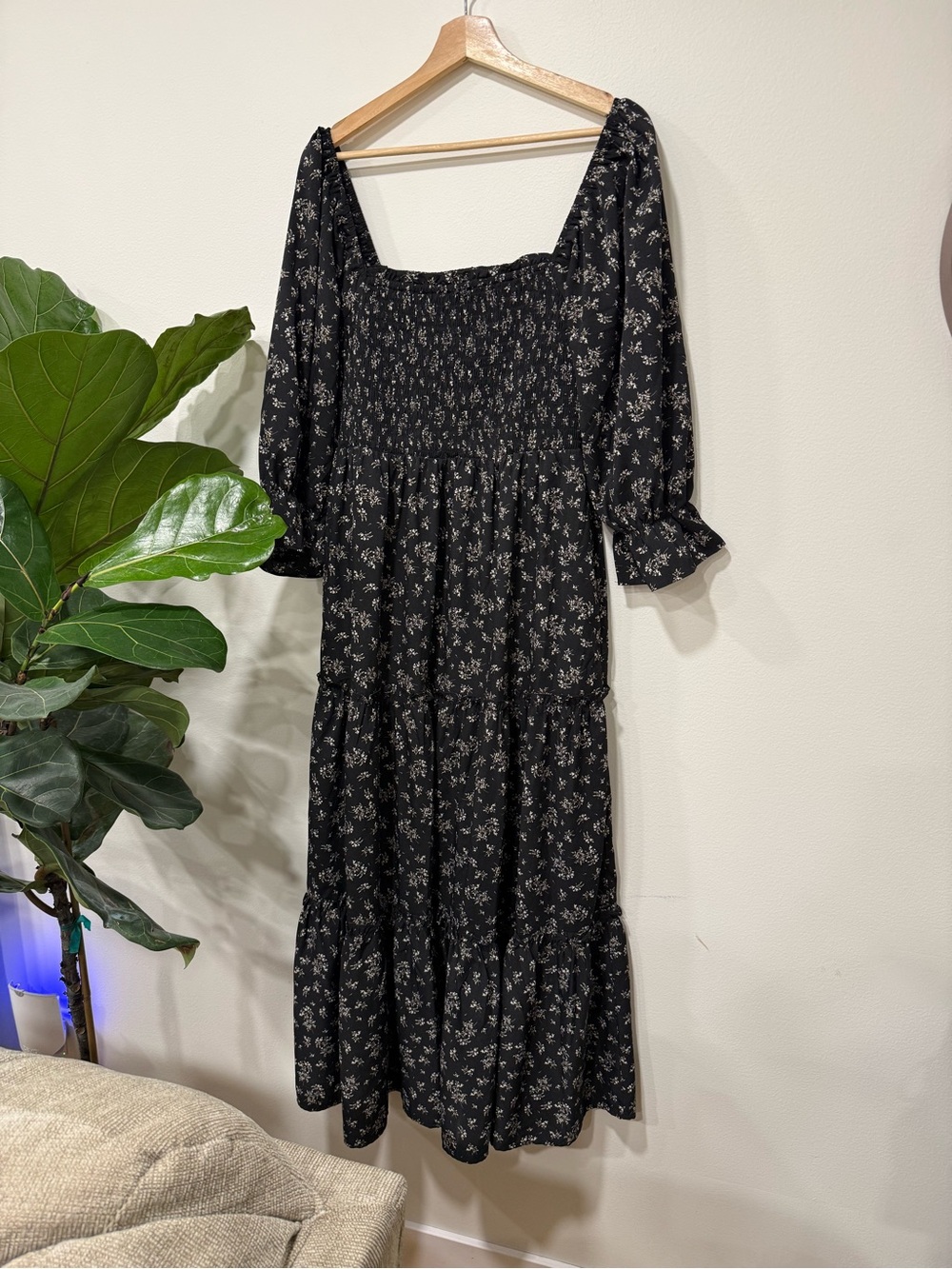 Baltic Born Black Floral Smocked Midi Dress